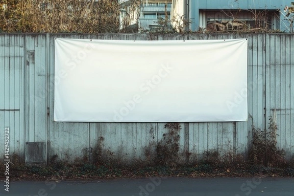 Fototapeta Outdoor setting featuring a blank rectangular banner mounted on a rustic fence, offering space for personalized content display.
