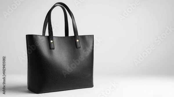 Obraz Premium black leather tote bag handbag with minimal gold logo, isolated on white background
