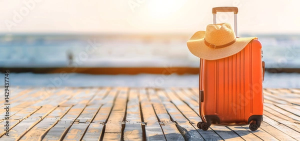 Obraz orange colorful travel bag with handle and straw hat isolated background