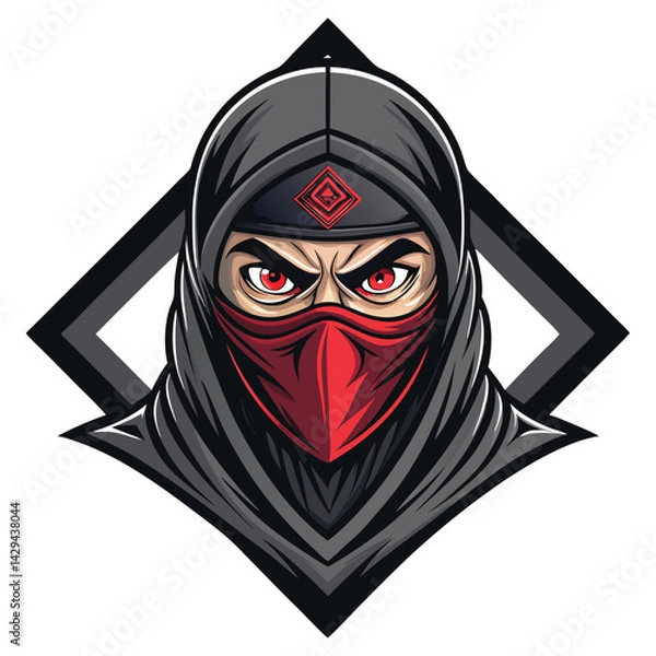 Fototapeta Create a detailed digital painting of a ninja's head, featuring a half-mask, intensely glowing red eyes, and sharp facial features.  High detail, dramatic lighting.