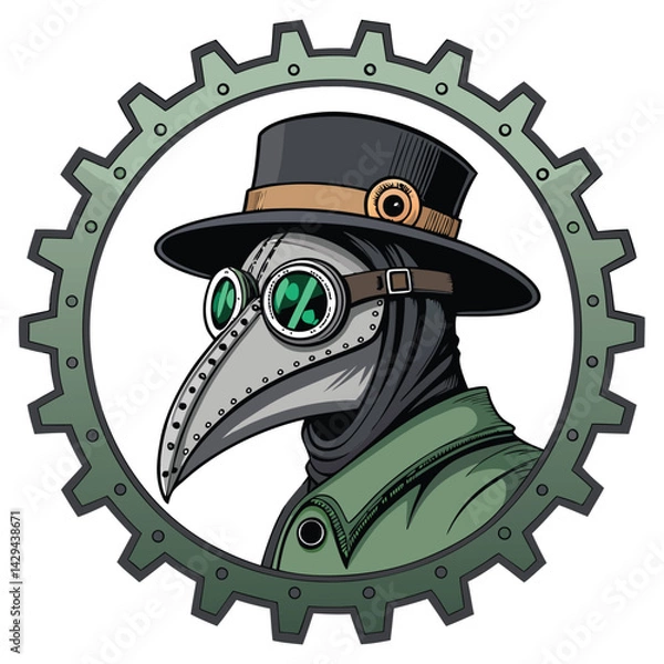 Fototapeta Detailed digital painting of a plague doctor mask head intricately adorned with steampunk gears, goggles, and brass embellishments.  Focus on intricate detail and metallic textures.