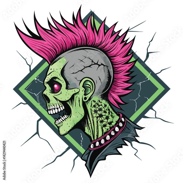 Fototapeta Create a detailed digital painting of a decaying punk zombie head, featuring a vibrant pink mohawk sprouting from a cracked skull.  The image should emphasize both the decay and the punk aesthetic.