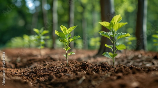 Fototapeta Emerging tree seedlings in forest soil. Early growth phase in a natural woodland environment—concept of reforestation and eco-restoration.