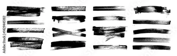 Fototapeta Set of bold dried brush strokes isolated on white, including grunge acrylic textures, hand-drawn thick lines, rectangles, banners, sketchy horizontal strokes, black ink traces, and stencil silhouettes