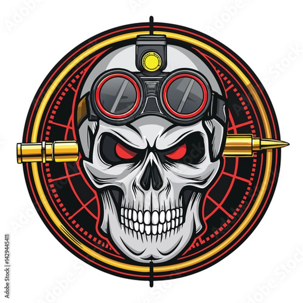 Fototapeta A skull, meticulously detailed, replaces the sniper's head; one eye socket holds a telescopic scope; bullet casings frame the skull.  Create a gritty, realistic illustration.