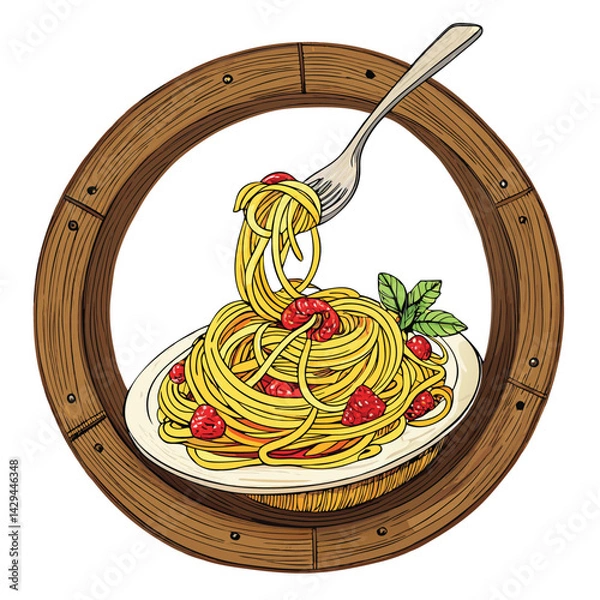 Fototapeta A rustic wooden bowl overflowing with a swirling mass of delicious spaghetti, a fork poised mid-air above it.  Emphasis on texture and lighting.