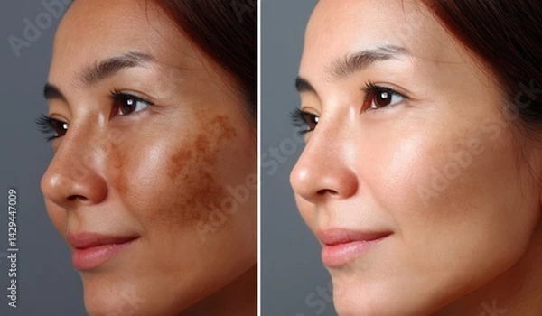 Obraz Cropped image of an Asian woman's face showing before and after results of a spot melasma pigmentation facial treatment, highlighting skincare and health issues