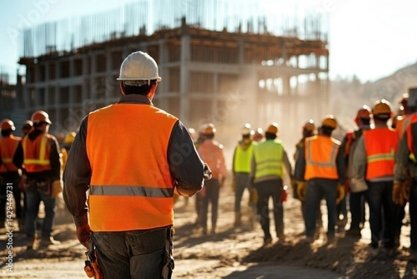 Fototapeta Construction site foreman oversees a large group of workers during building project.
