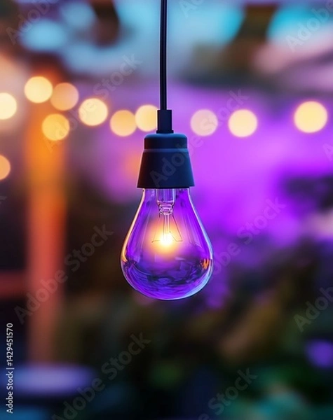 Fototapeta Single light bulb hanging on outdoor patio with blurred background, bokeh effect, purple lighting