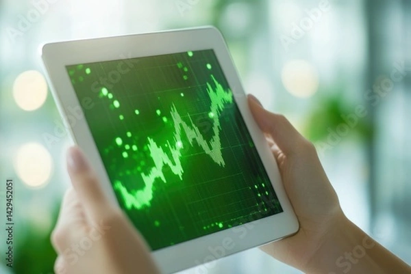 Fototapeta Person analyzing green stock market chart on tablet, showing financial data trends and investment opportunities.