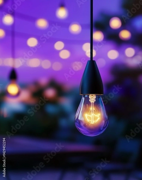 Fototapeta Single light bulb hanging on outdoor patio with blurred background, bokeh effect, purple lighting