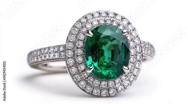 Obraz Opulent emerald ring with double halo of white diamonds, isolated on white background