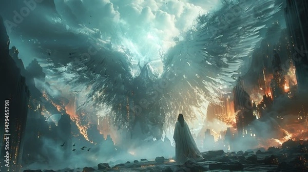 Fototapeta Infographic Book of Enoch blending futuristic elements noncanonical religious texts and Pseudepigrapha highlighting fallen angels and Nephilim in a hyper realistic style with space for annotations