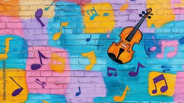 Fototapeta Vibrant brick wall adorned with colorful musical notes and a violin