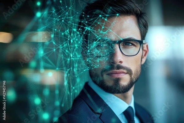 Obraz A businessman with glasses, partially obscured by a network visualization, representing digital transformation and connectivity.
