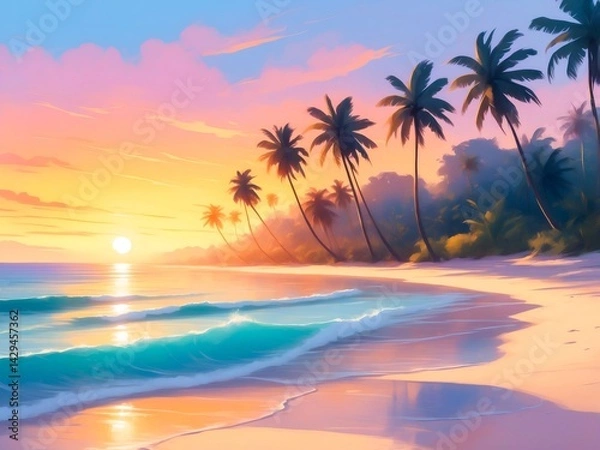 Fototapeta Tropical beach with palm trees at sunset reflecting on ocean waves.