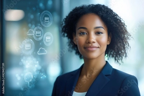 Fototapeta Confident businesswoman with cloud computing and data storage icons.