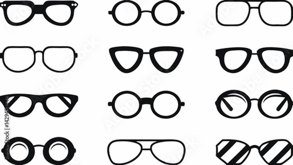 Fototapeta Collection of twelve different styles of eyeglasses and sunglasses in black and white vector format created with generated ai