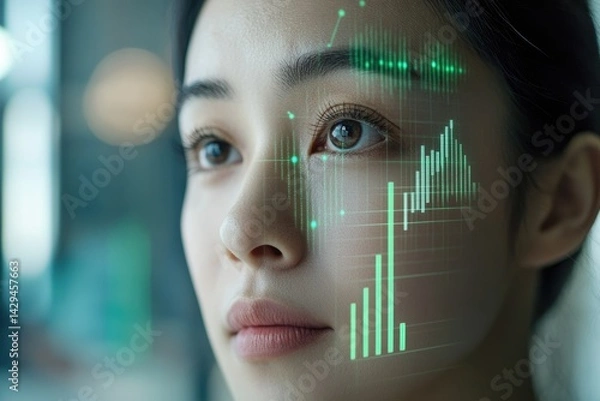 Fototapeta A woman's face overlaid with green data streams and bar graphs, visualizing biometric data or digital transformation.