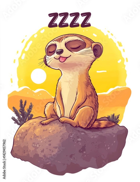 Obraz Cute meerkat relaxes on a rock with eyes closed and tongue out, basking in the warm sun against a vibrant sunset backdrop