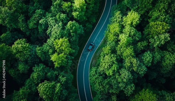 Obraz Winding road through a lush green forest showcasing a car's journey amid nature's vibrant beauty