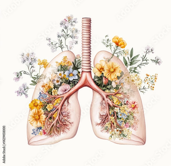 Obraz Intricate floral lungs design blending nature with anatomy in a vintage watercolor style on a delicate white background