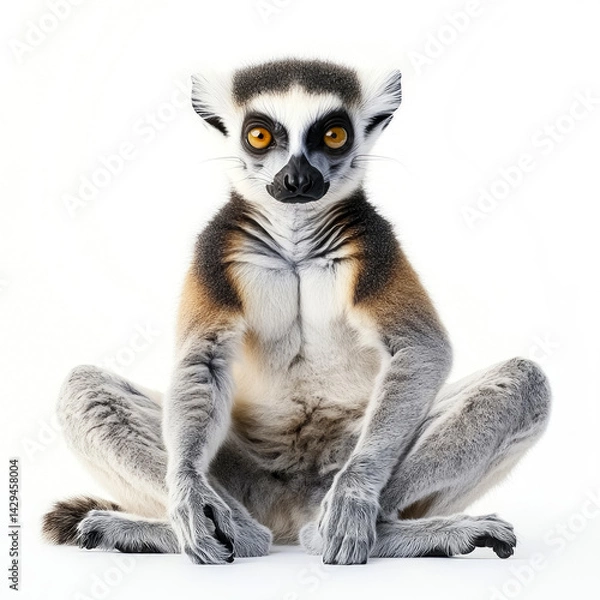 Obraz Ring-tailed lemur sitting gracefully on a bright white background exuding a playful yet curious demeanor in a tranquil moment of stillness