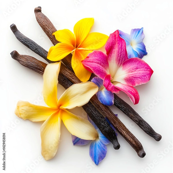 Obraz Vibrant display of colorful flowers paired with aromatic vanilla sticks against a pure white background, creating a stunning close-up that celebrates nature’s beauty