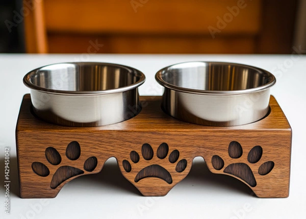 Obraz Stylish pet bowl stand crafted from oak wood with a unique paw design and two stainless steel bowls for a charming dining experience