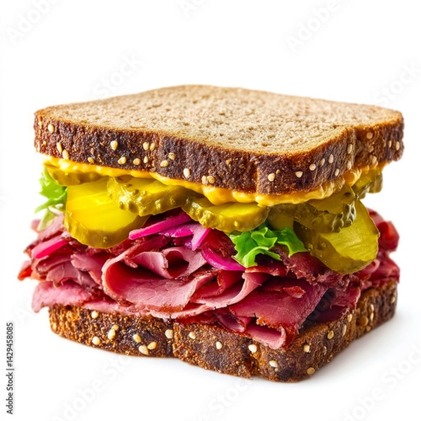Obraz Delightful pastrami sandwich with mustard and pickles on rye bread set against a pure white backdrop, highlighting the vibrant layers of flavor and texture perfect for any meal moment