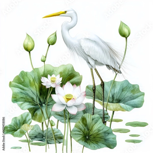 Obraz Graceful white heron among blooming lotus flowers and lush green leaves in a serene watercolor illustration perfect for nature lovers
