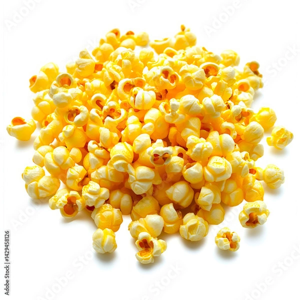 Obraz Delightful yellow popcorn kernels scattered on a clean white surface showcasing rich textures and details for culinary inspiration
