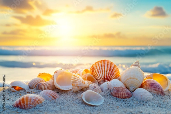 Obraz Colorful seashells and conches resting on sandy shore as warm sunlight kisses the horizon at sunset with gentle waves rolling in