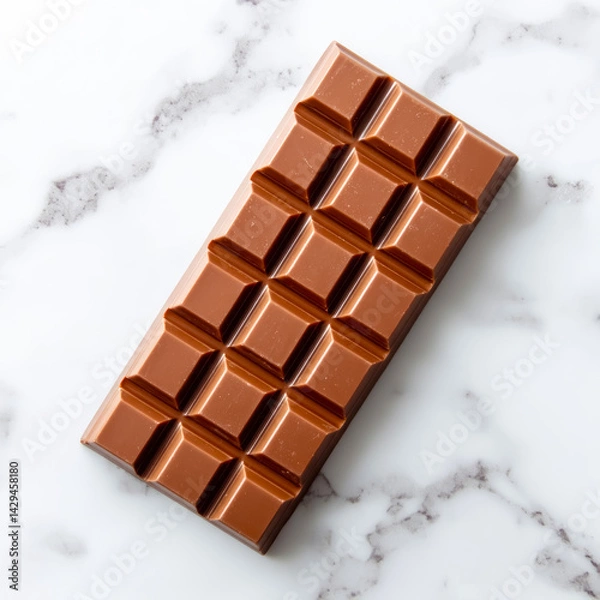 Obraz Delicious milk chocolate bar awaits indulgence against a serene marble backdrop, elegantly showcasing its glossy surface and perfect squares
