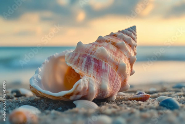 Obraz Beauty of a conch shell at sunset on the beach with a blurred ocean background creating a serene atmosphere