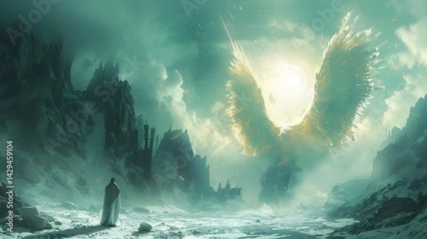 Obraz Infographic Book of Enoch blending futuristic elements noncanonical religious texts and Pseudepigrapha highlighting fallen angels and Nephilim in a hyper realistic style with space for annotations