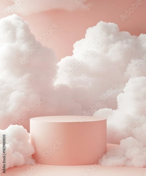 Fototapeta A podium surrounded by clouds, a cotton texture inspired background, soft light and shadow, a product display platform, a minimalist style, a pink tone, high saturation, white cotton cloud decoration