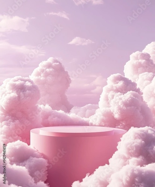 Fototapeta A podium surrounded by clouds, a delicate tulip pink tone background, soft light and shadow, a product display platform, a minimalist style, a pink tone, high saturation, white cotton cloud