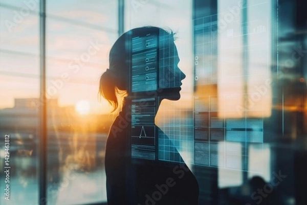 Fototapeta Silhouette of a woman overlaid with data streams, symbolizing the convergence of human intelligence and technology in a modern cityscape at sunset.