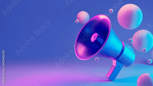 Obraz 3D megaphone surrounded by abstract spheres on blue and purple background. Modern communication concept.  
