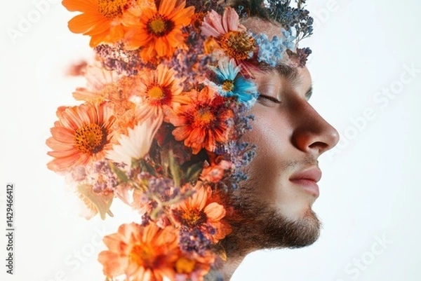 Fototapeta A man's face is artfully blended with vibrant orange and blue flowers, creating a surreal and beautiful image.