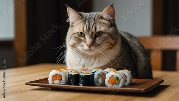 Obraz A cat sitting next to sushi rolls 