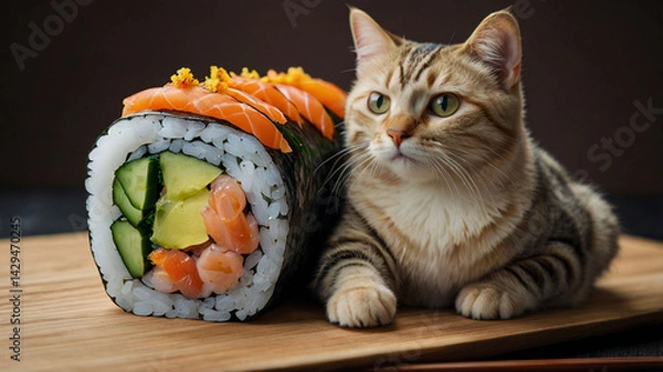 Obraz A cat sitting next to sushi rolls 