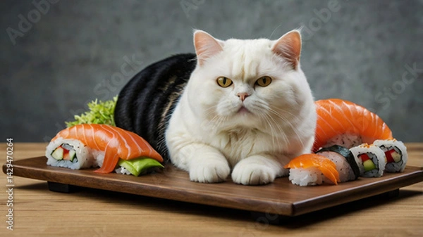 Obraz A cat sitting next to sushi rolls 