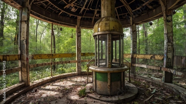 Obraz Abandoned Theme park reclaimed by nature , forgotten rollercoaster and Ferris wheel