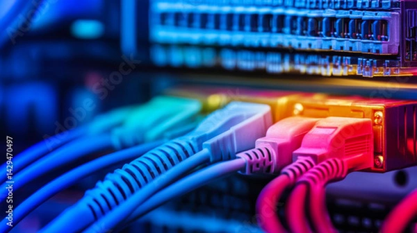 Obraz Network cables connected to a server switch with colorful lights in a data center environment during nighttime operation