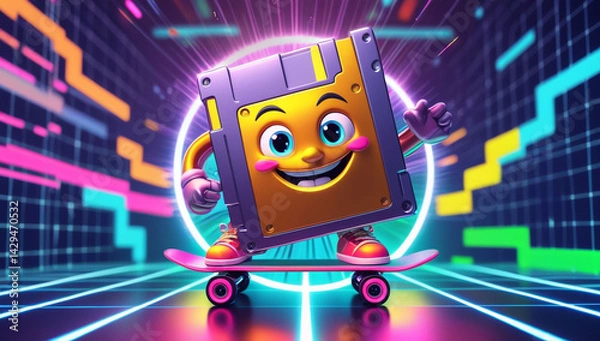 Obraz A colorful floppy disk riding on a skateboard, neon lights, 8 bit background