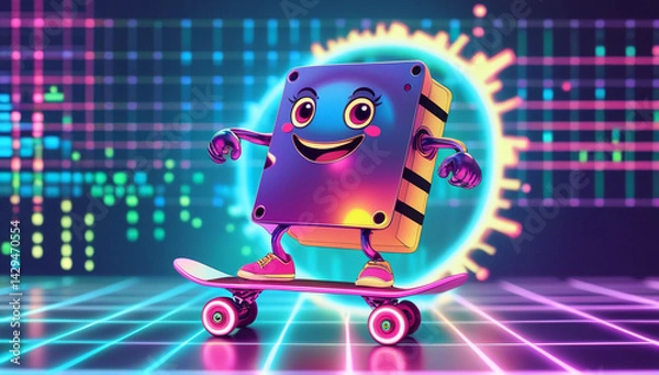 Obraz A colorful floppy disk riding on a skateboard, neon lights, 8 bit background