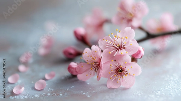 Fototapeta Cherry blossom branch with delicate pink flowers and water droplets on a soft gray background