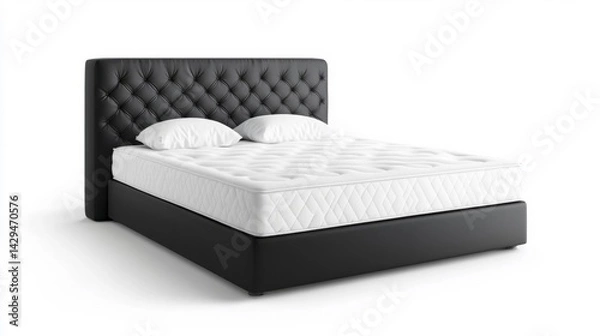 Fototapeta Luxury Black Upholstered Bed with Box Spring and White Mattress on Isolated White Background. Generative AI